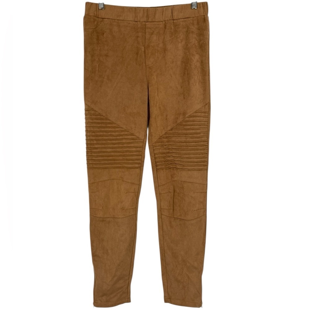 Umgee Faux Suede Moto Ribbed Leggings Camel Tan Stretch Pull-On Ankle Zip Pants